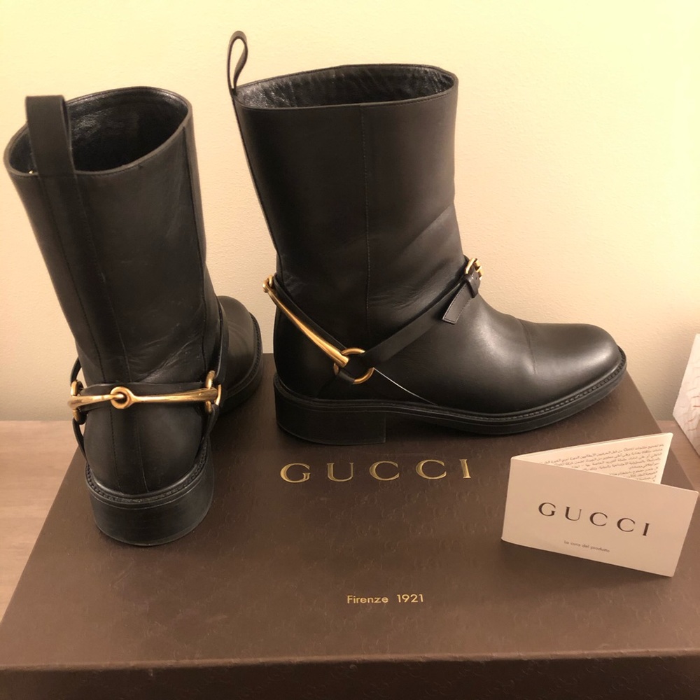 Gucci TESS boots. MOTO/horse-bit black leather